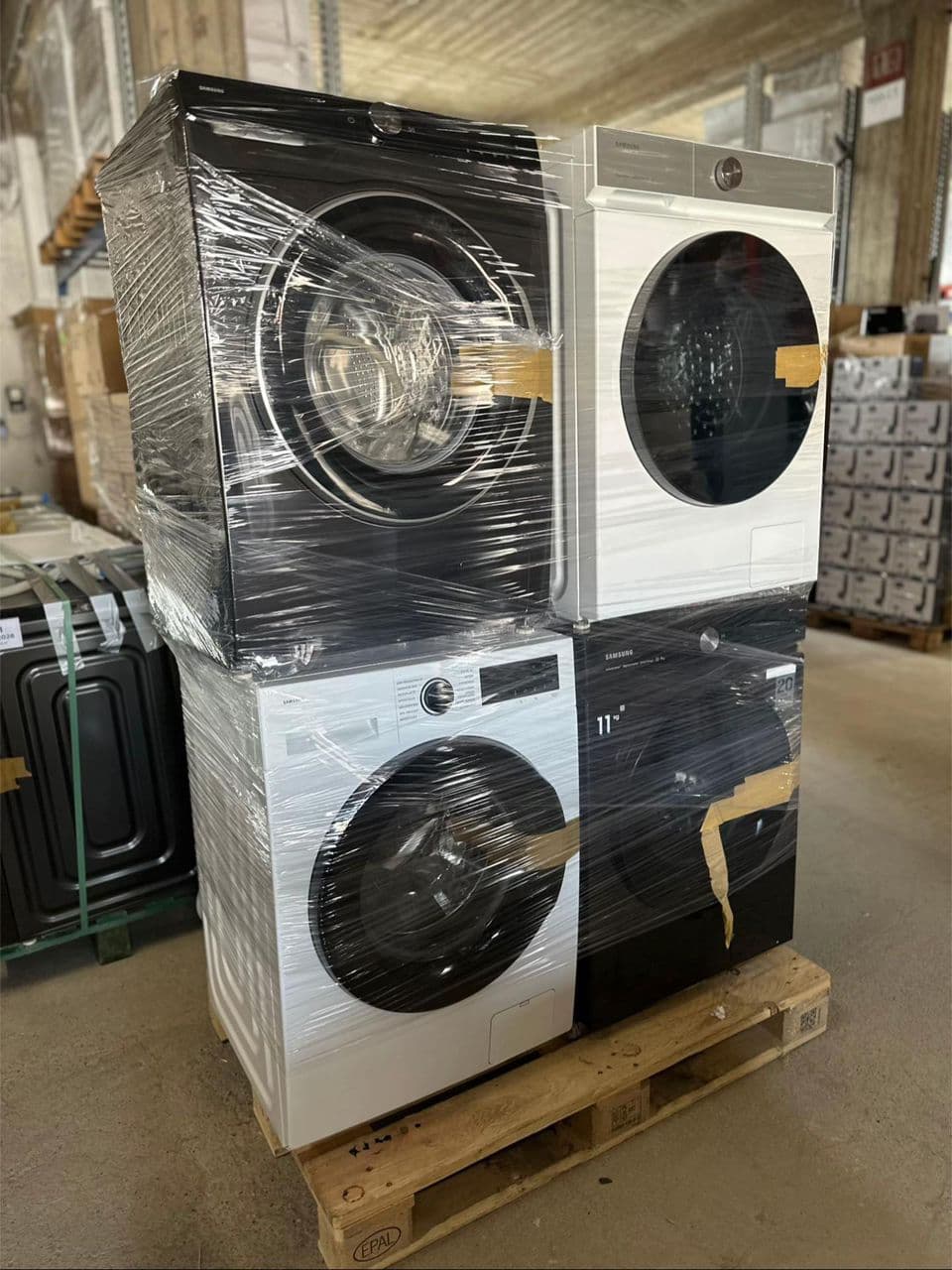 Stackable washer and dryer pack pallet — wrapped units